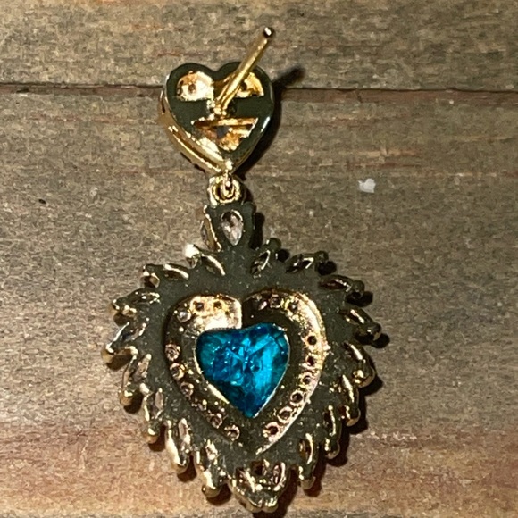Cubic Zirconia, Blue Crystal Heart Decor Drop Gold tone Glam Luxury Earrings - Picture 8 of 8